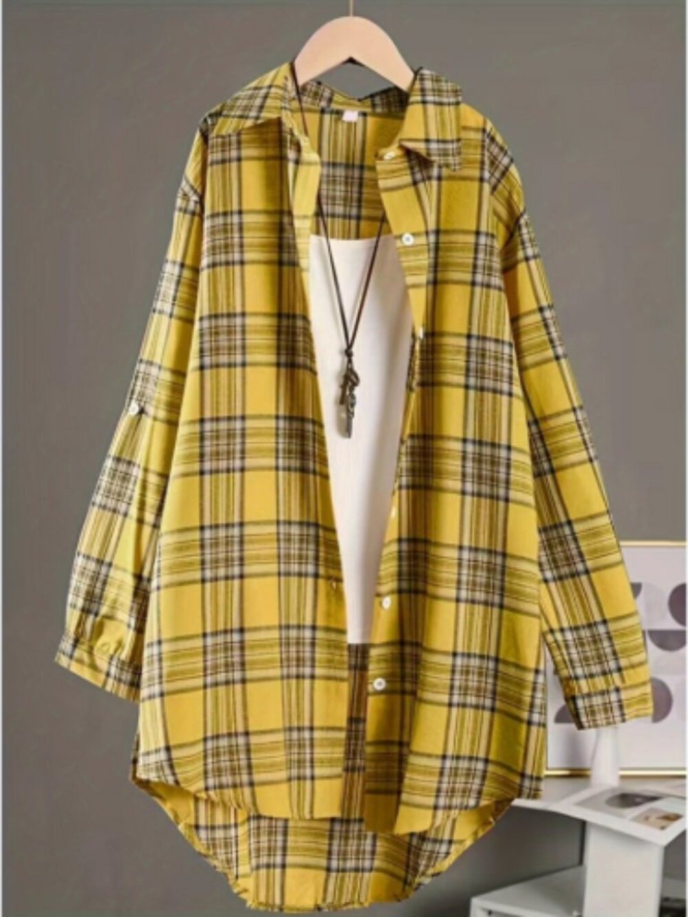 Women's Yellow Plaid Shirt Jacket Long Sleeve Casual Loose Fit Cotton Linen Over